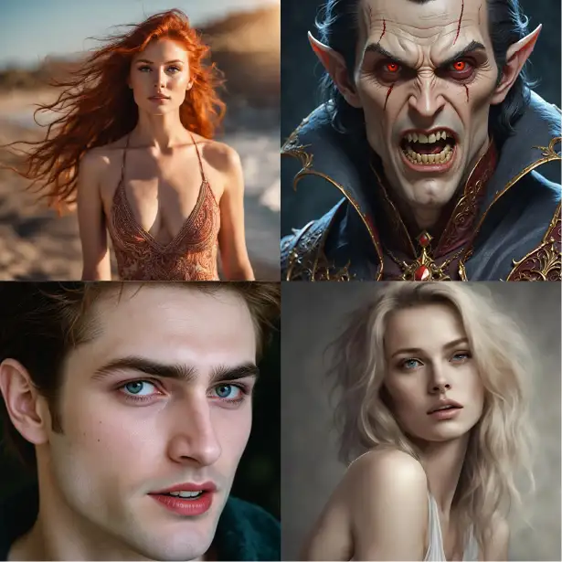 AI-Generated Close-up of four fictional characters - two attractive women, a man, and a vampire